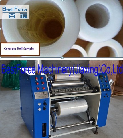 Coreless stretch film rewinding machine